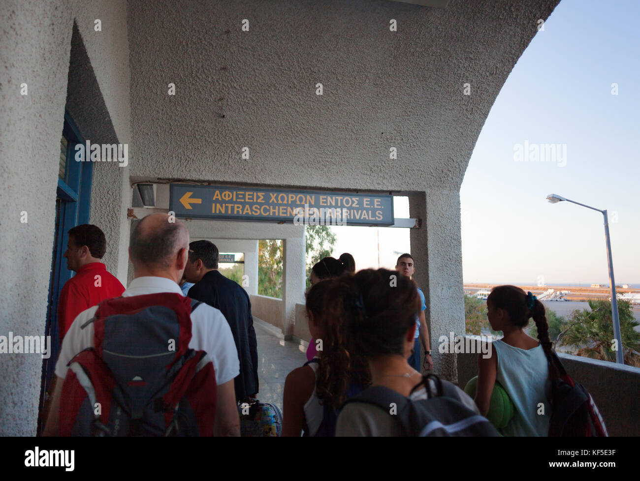 Santorini Island, Greece - July 19, 2012: Passenger entrance to the International Airport of Santorini Island. It's located near the villages of Kamar Stock Photo