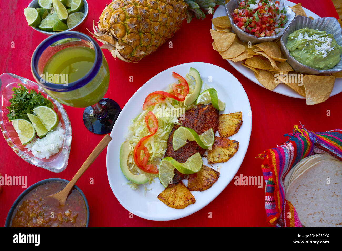Pastor recipe fish from Mayan Mexico with mexican sauces Stock Photo
