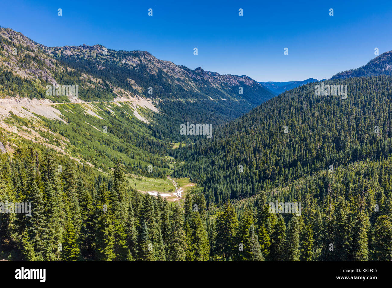 View down valley from Chinook Pass on the Mather Memorial Parkway in Mount Rainier National Park Washington United States Stock Photo