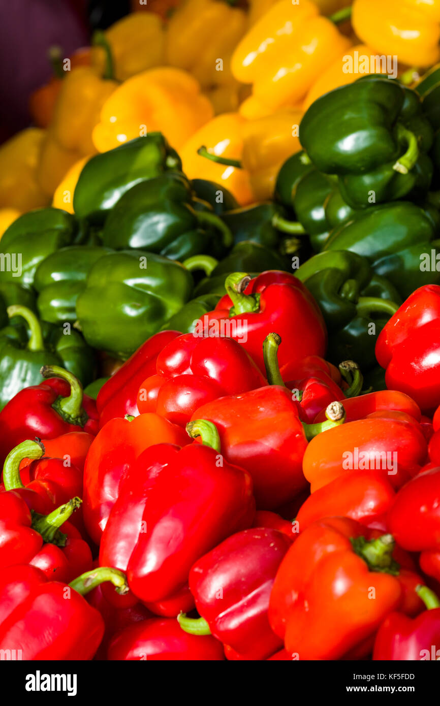 Pile of red, green and yellow peppers in market Stock Photo - Alamy