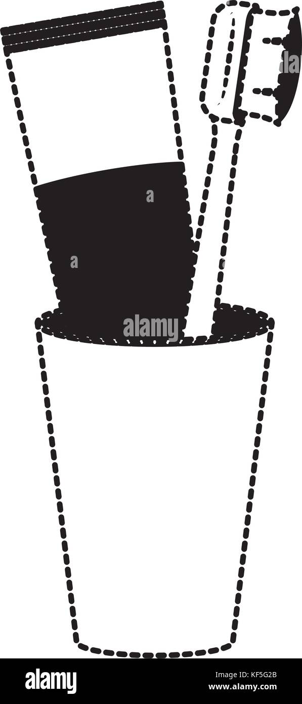 glass with tube toothpaste and toothbrush in black dotted silhouette ...