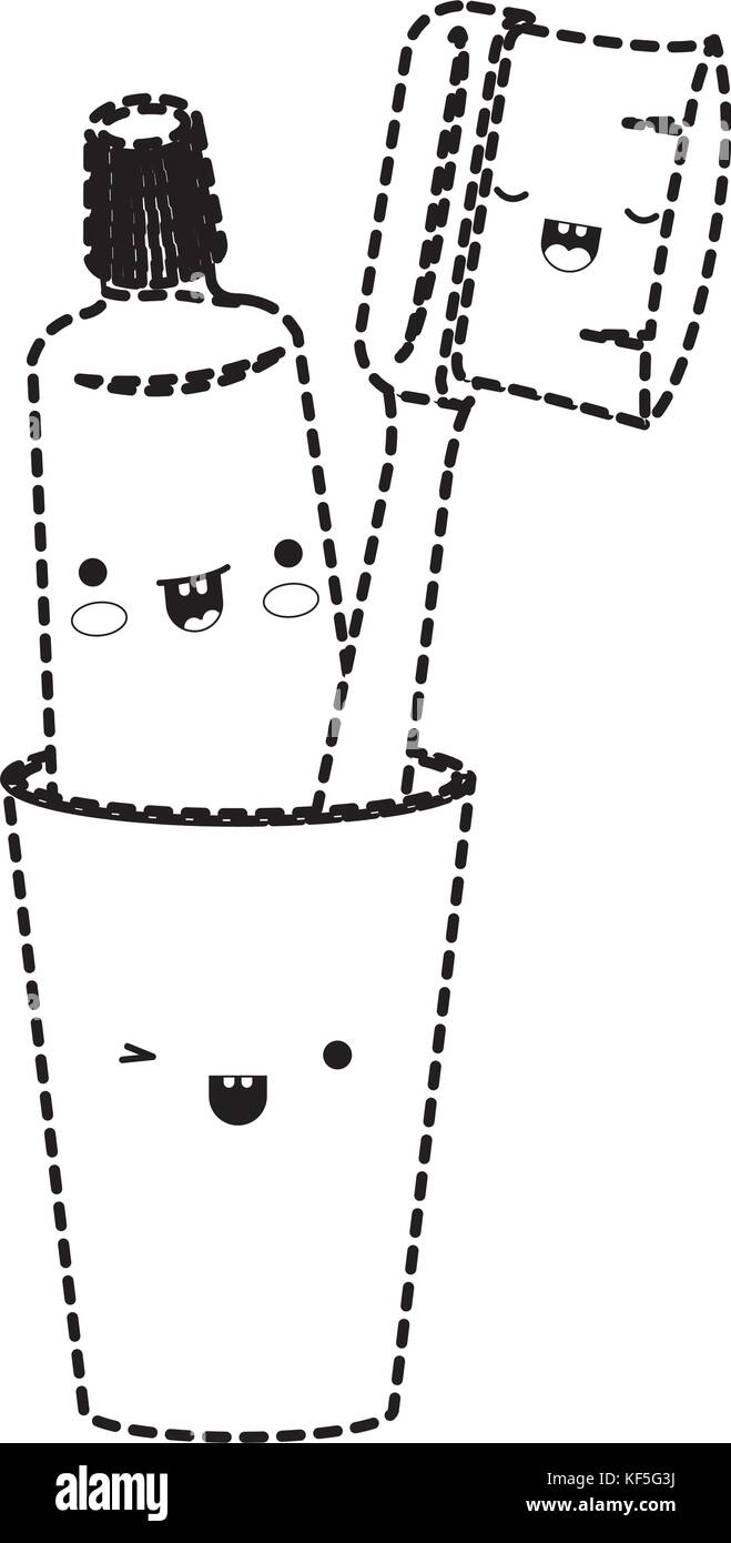 glass with toothpaste and toothbrush male kawaii in black dotted ...