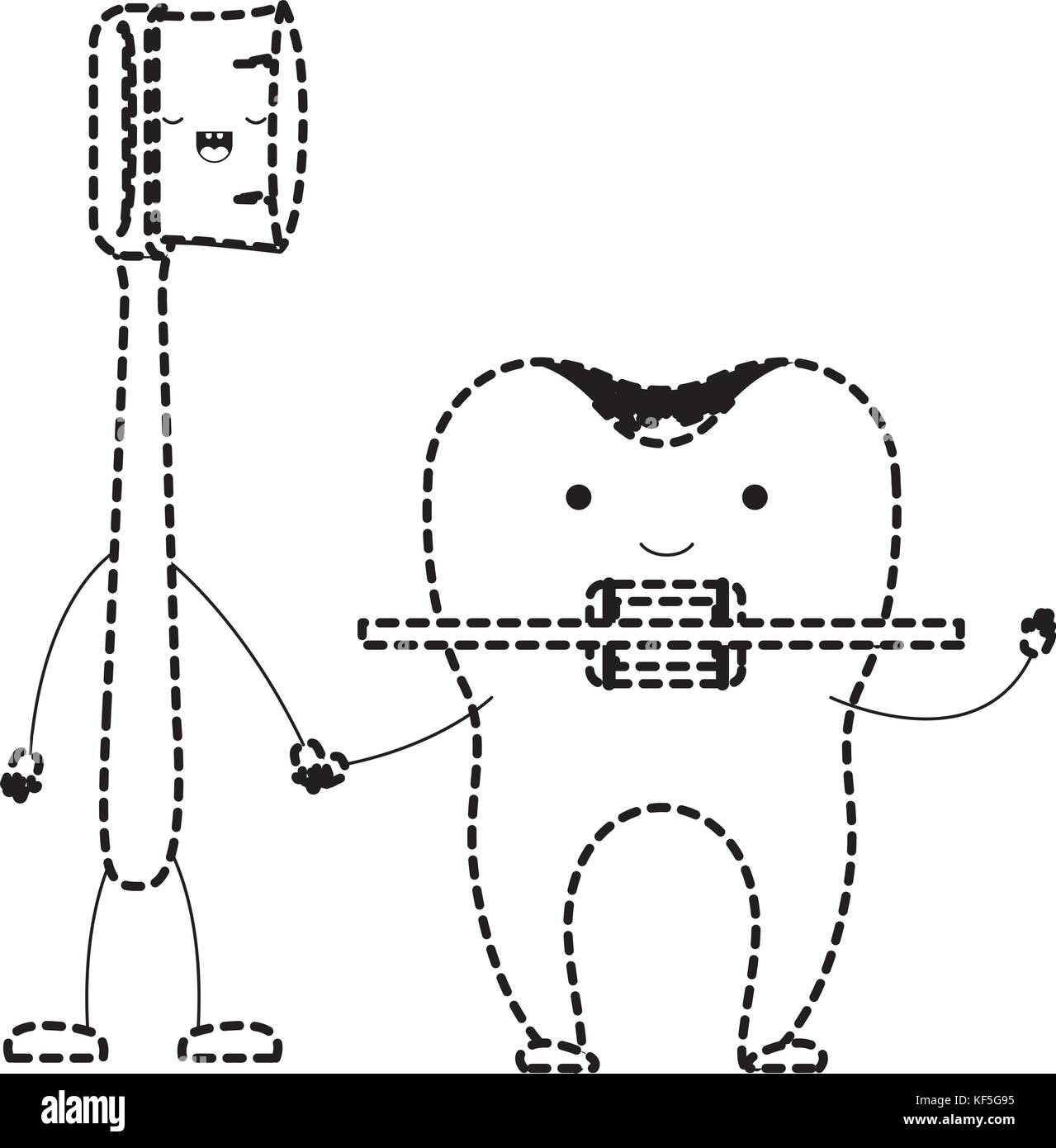 cartoon couple toothbrush and tooth with brace in black dotted ...