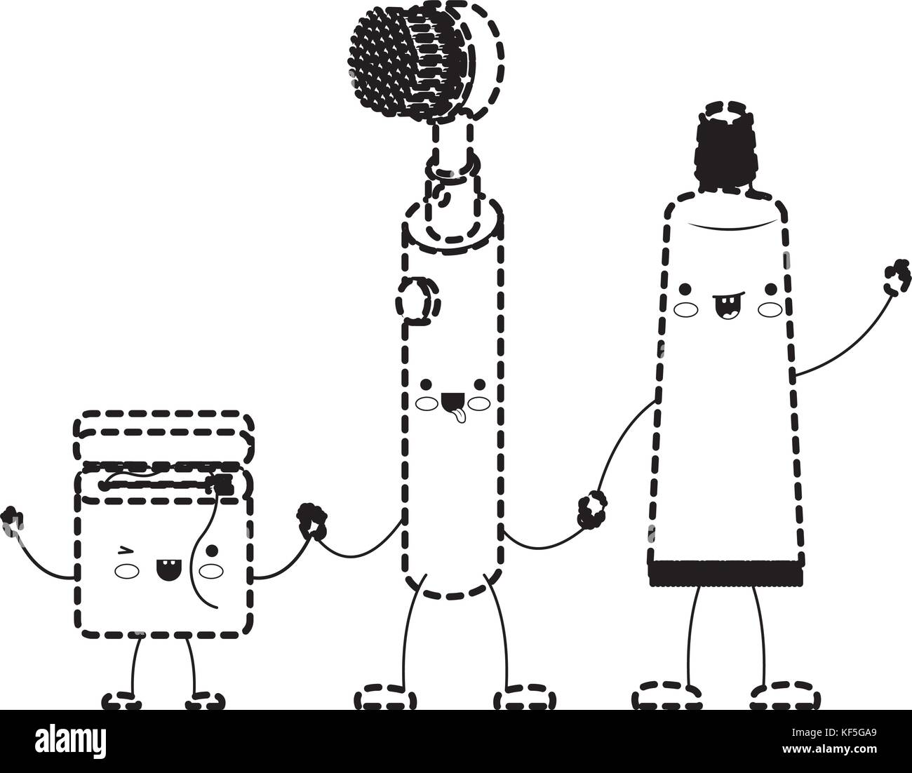 cartoon dental floss and electric toothbrush and toothpaste holding ...
