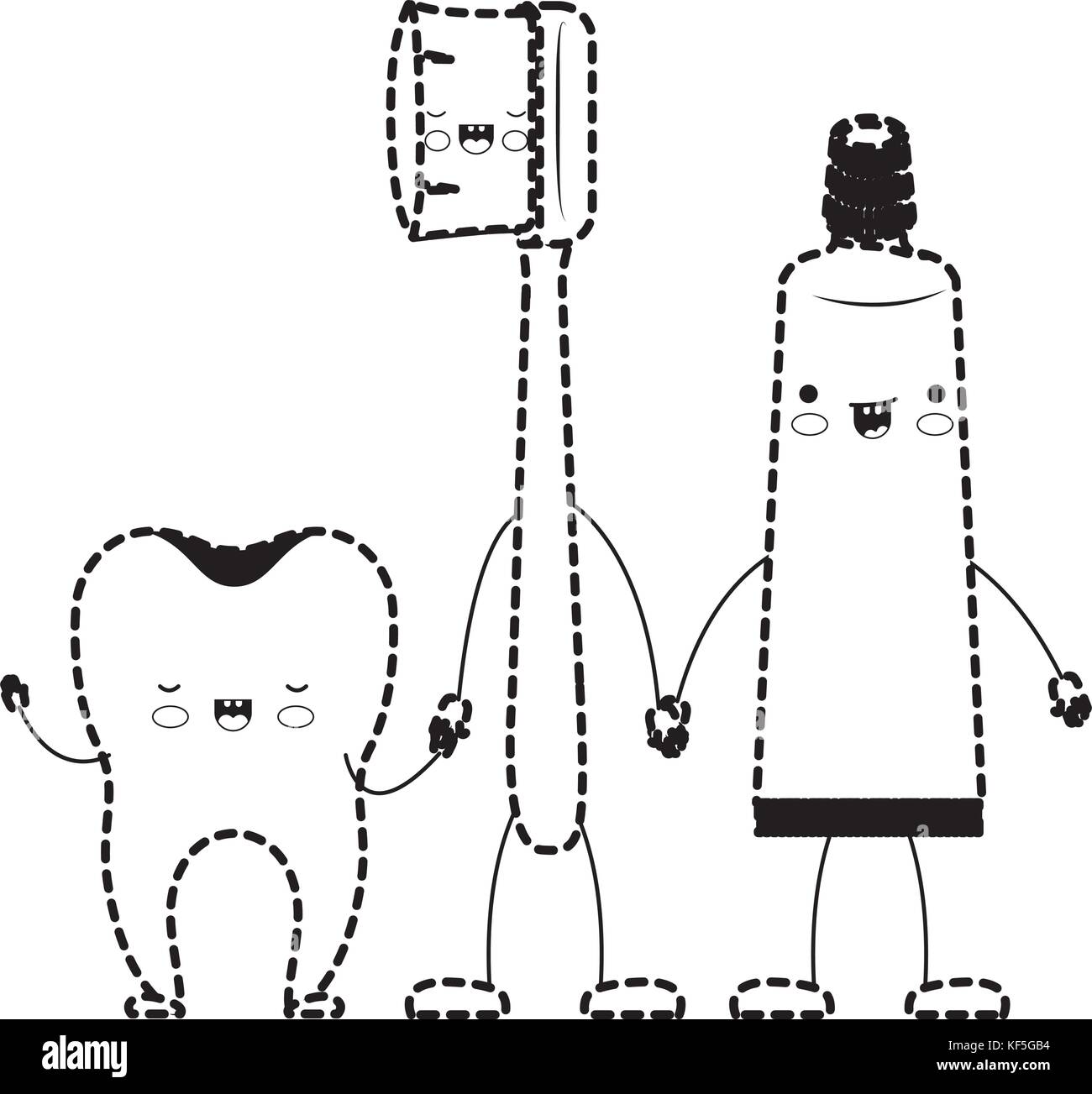 tooth and toothbrush and toothpaste in cartoon holding hands in black ...