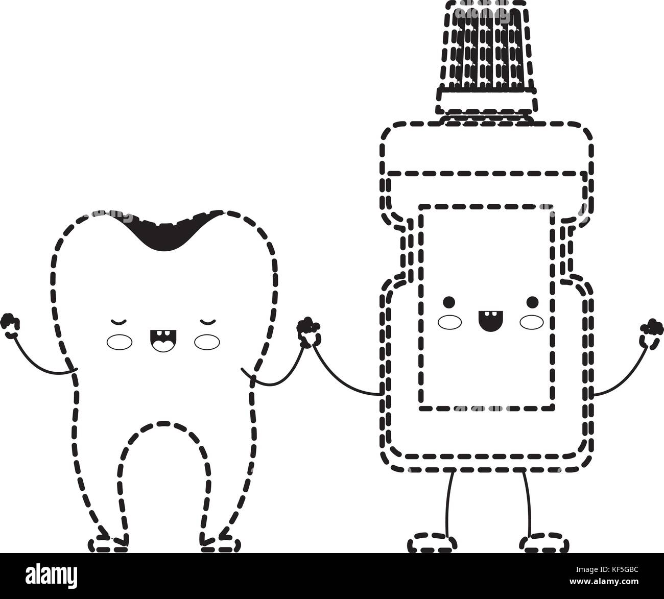 tooth and mouthwash in cartoon holding hands in black dotted silhouette ...