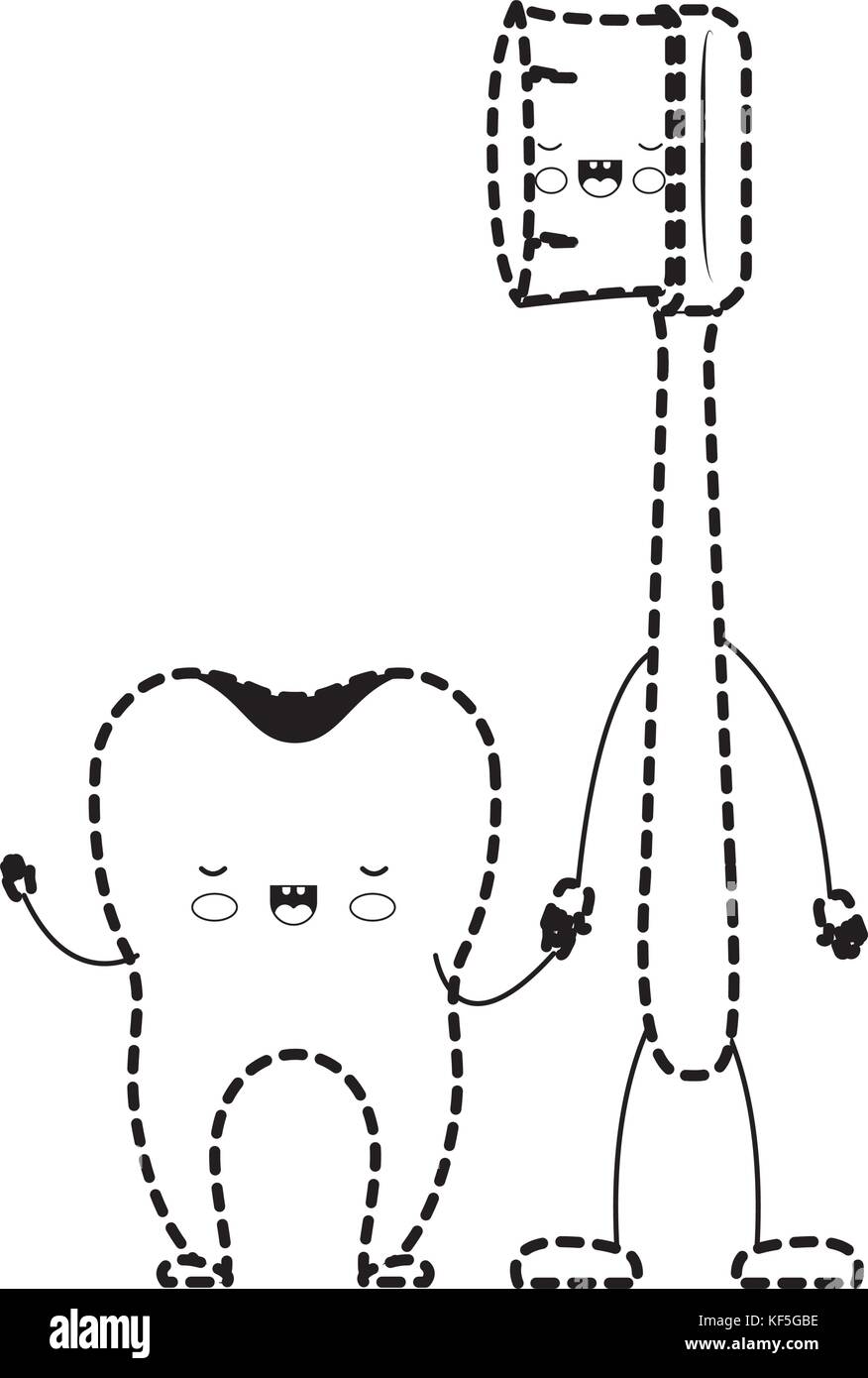 tooth and toothbrush in cartoon holding hands in black dotted ...