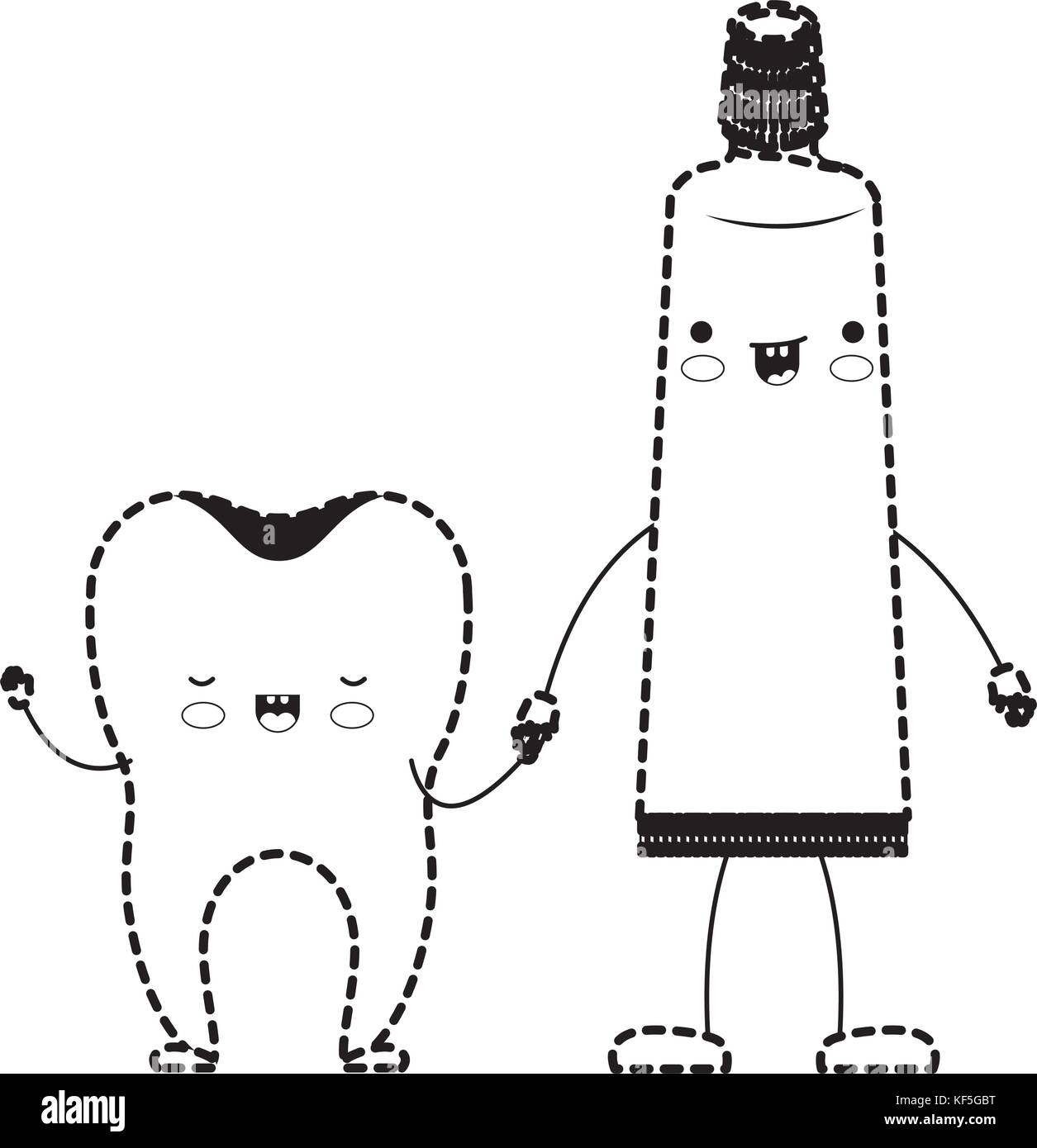 tooth and toothpaste in cartoon holding hands in black dotted ...