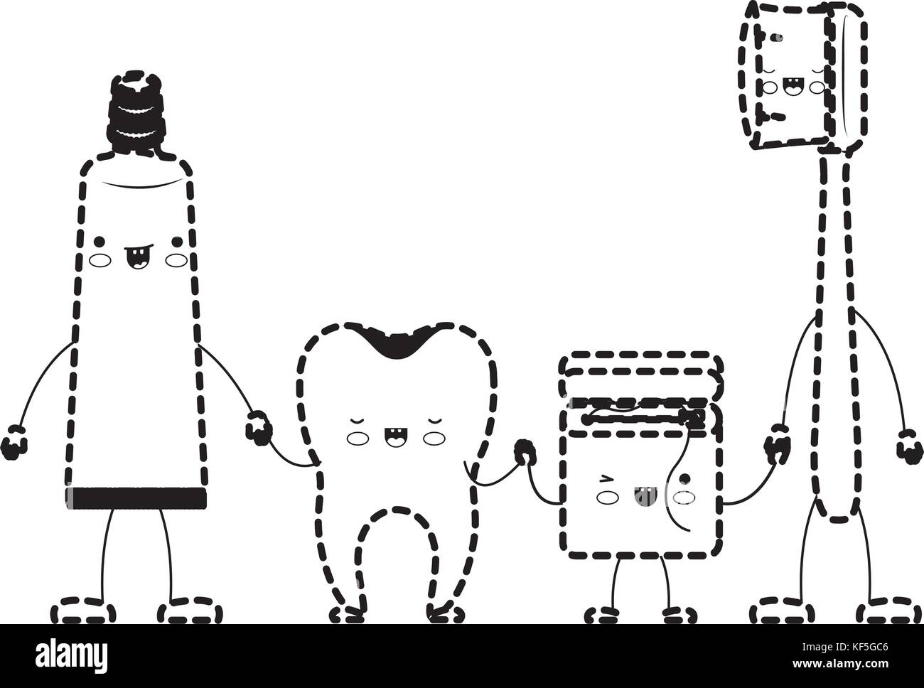 tooth and toothpaste and dental floss and toothbrush in cartoon holding ...