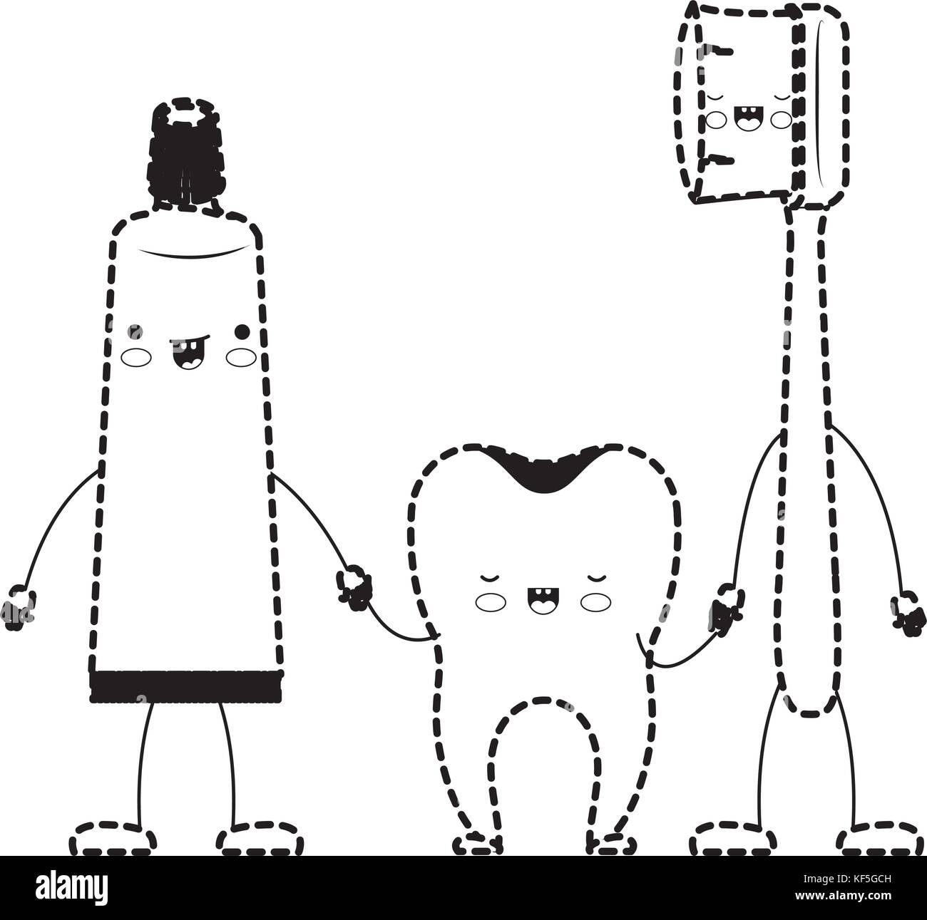 toothpaste and tooth and toothbrush in cartoon holding hands in black ...