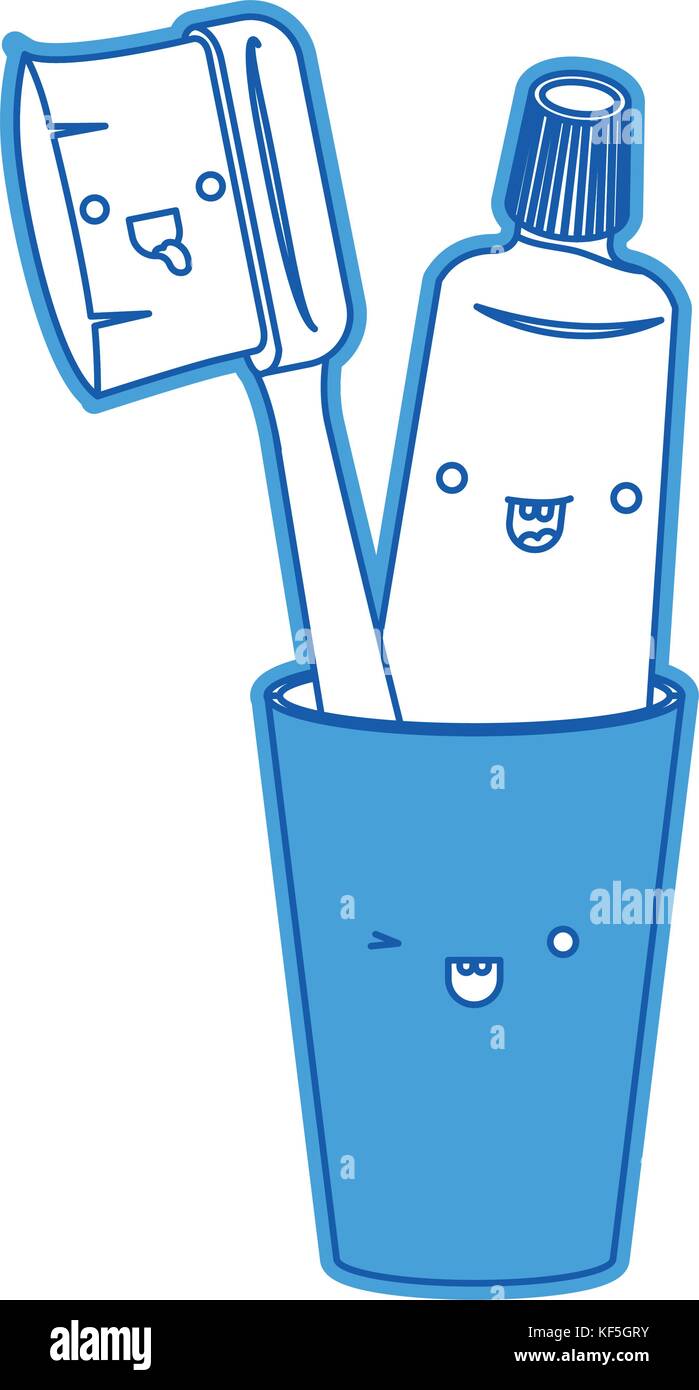 glass with toothpaste and toothbrush female kawaii in blue silhouette ...