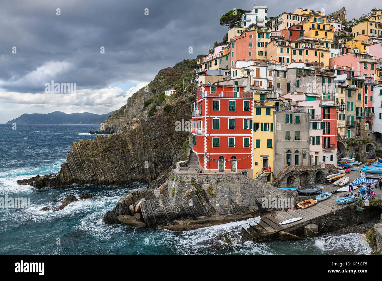 Charming architecture in the village of Riomaggiore, Cinque Terre,  Liguria, Italy. Stock Photo