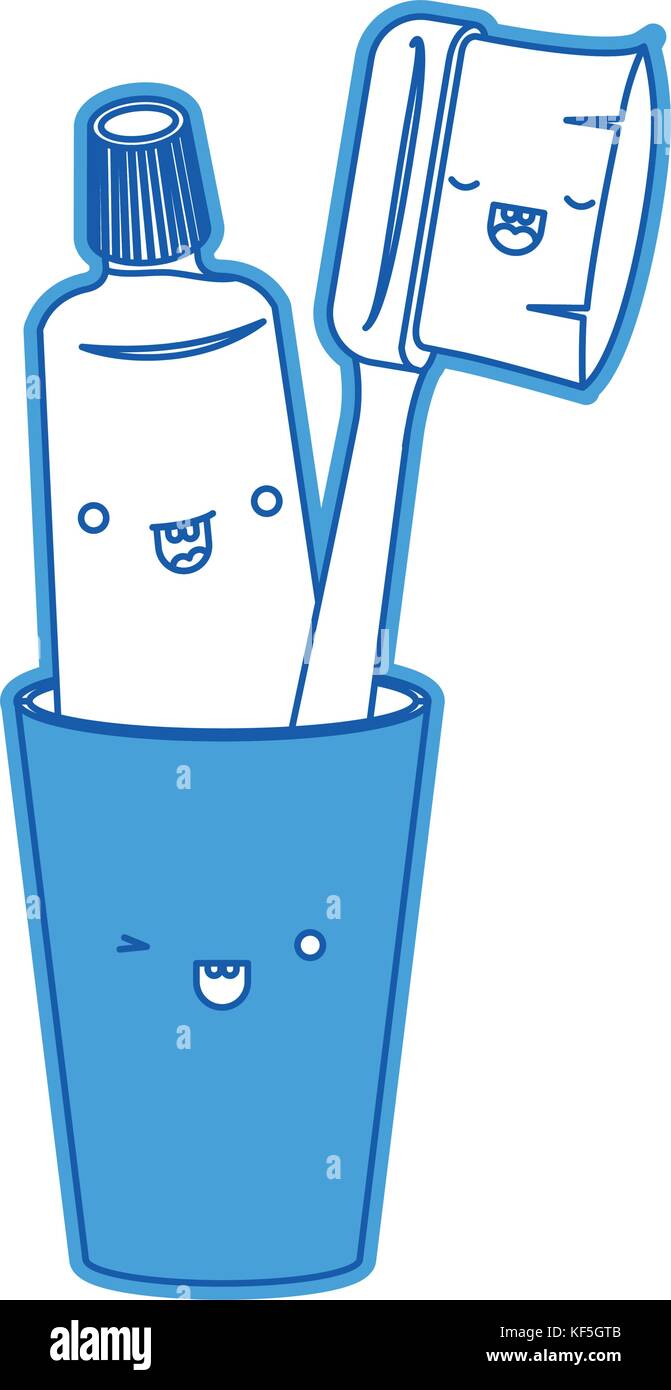 glass with toothpaste and toothbrush male kawaii in blue silhouette ...