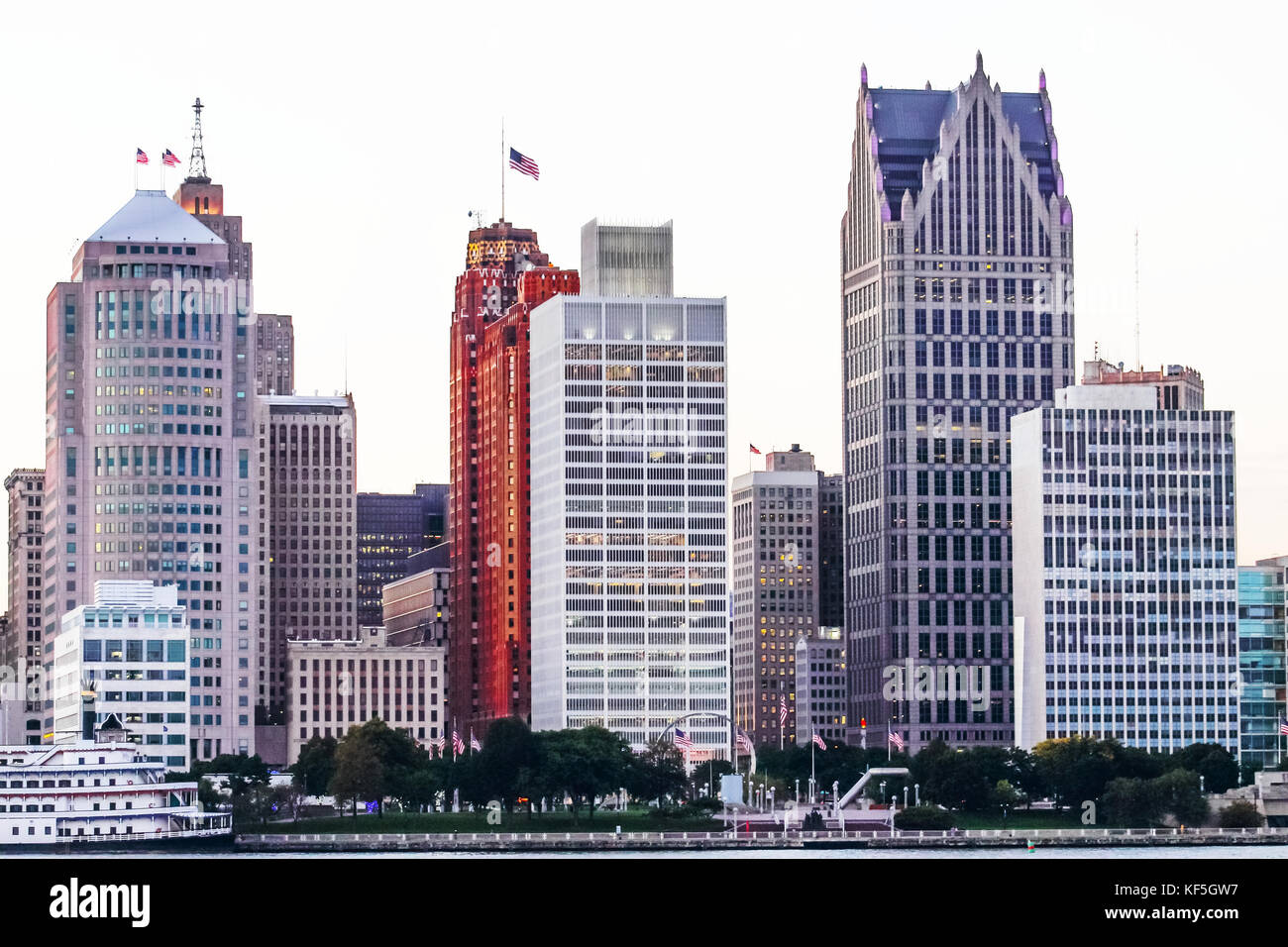 Detroit, MI, USA - 2nd October 2016: Iconic Buildings lining the Detroit River Waterfront as viewed from Windsor, Ontario, Canada at dusk. Stock Photo
