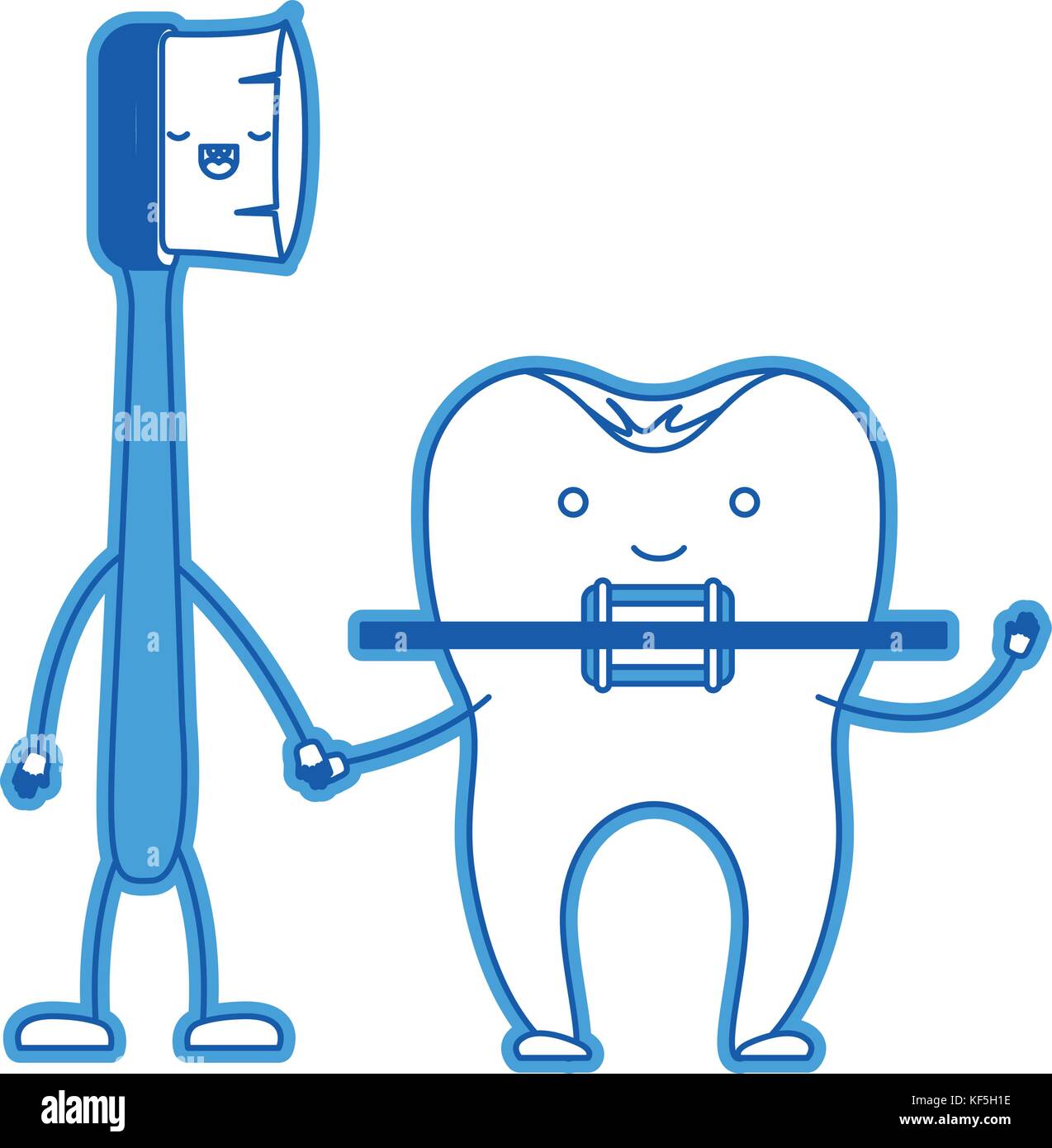 cartoon couple toothbrush and tooth with brace in blue silhouette Stock ...