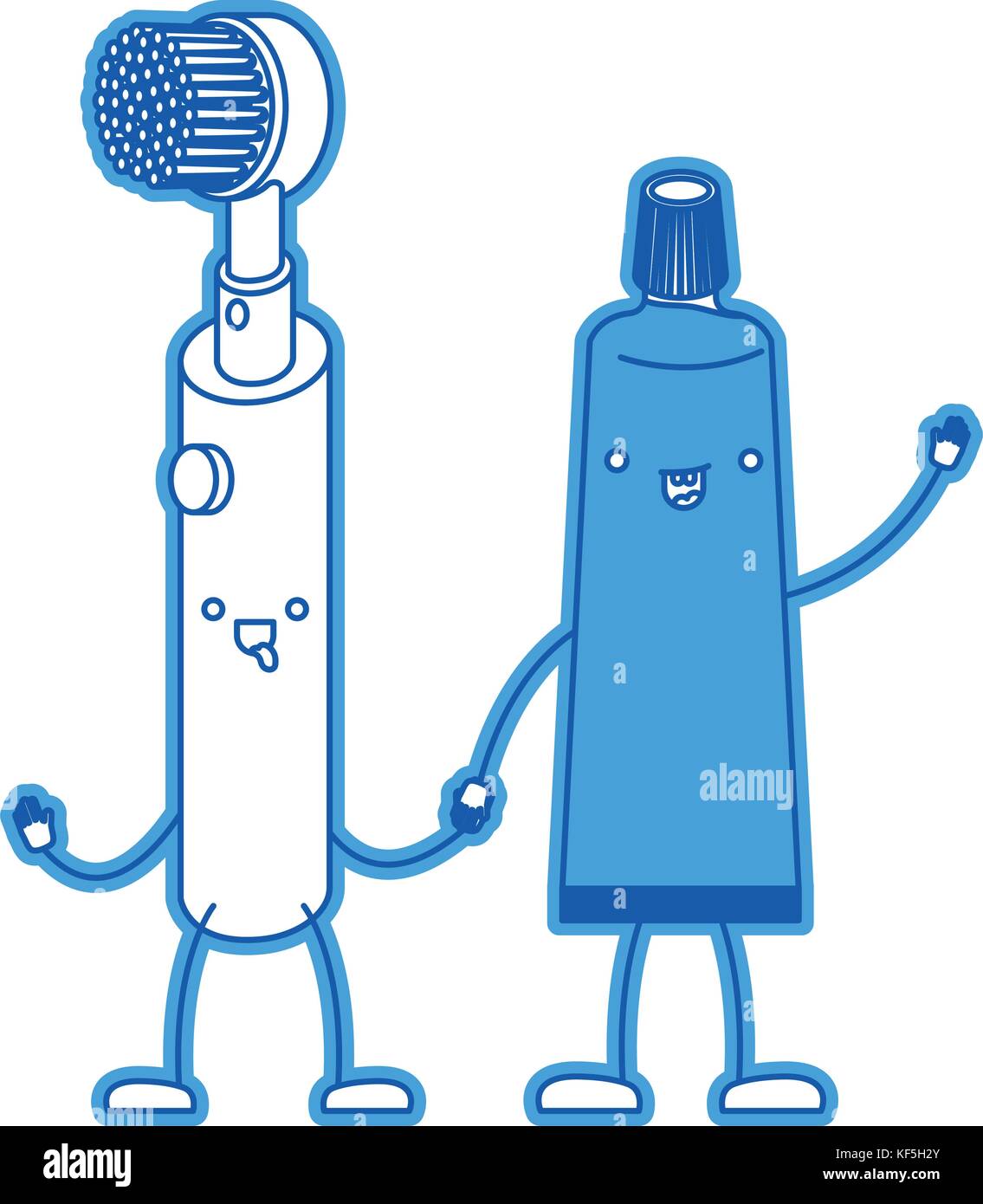 electric toothbrush and toothpaste holding hands in blue silhouette ...
