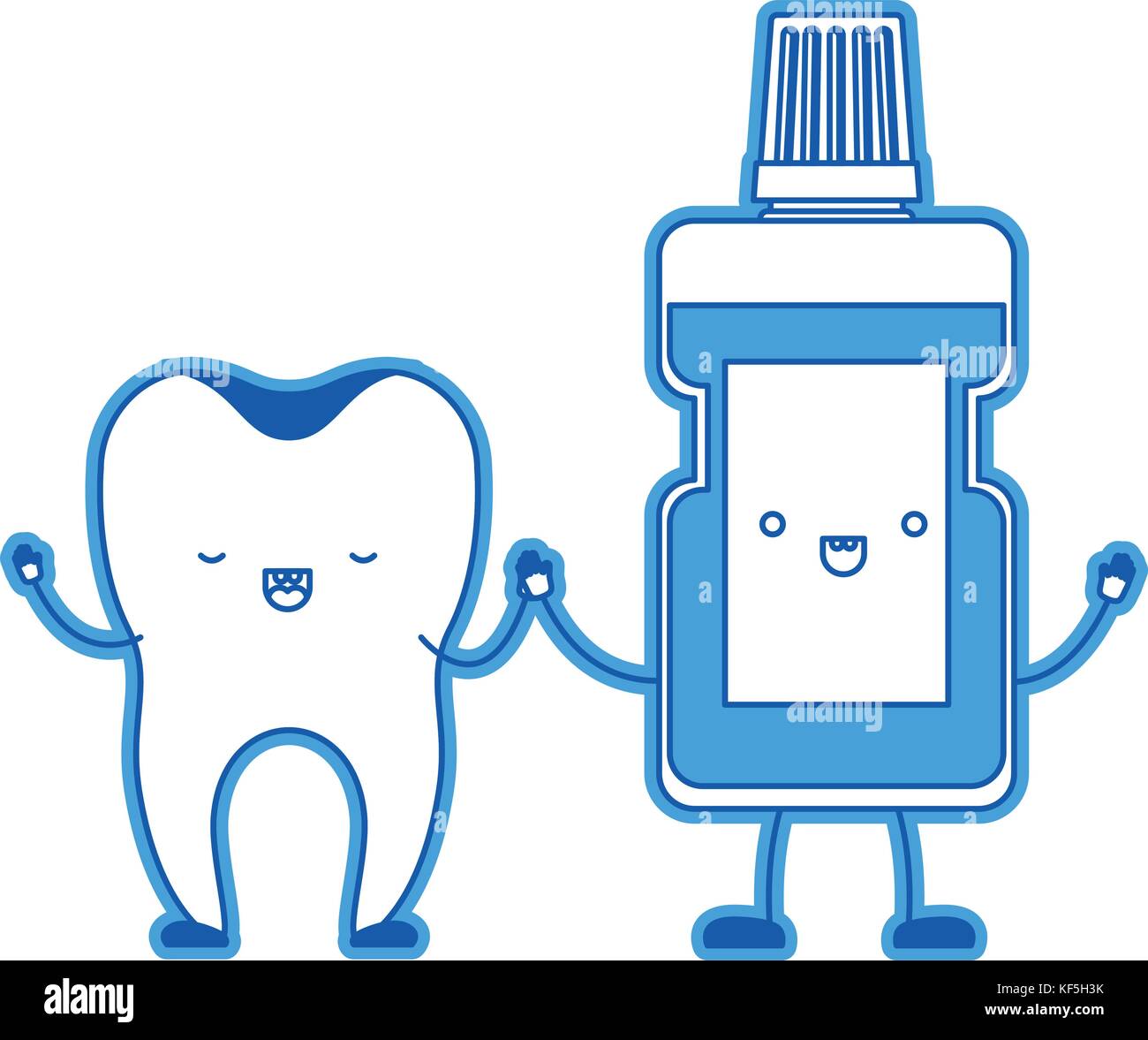 tooth and mouthwash in cartoon holding hands in blue silhouette Stock ...