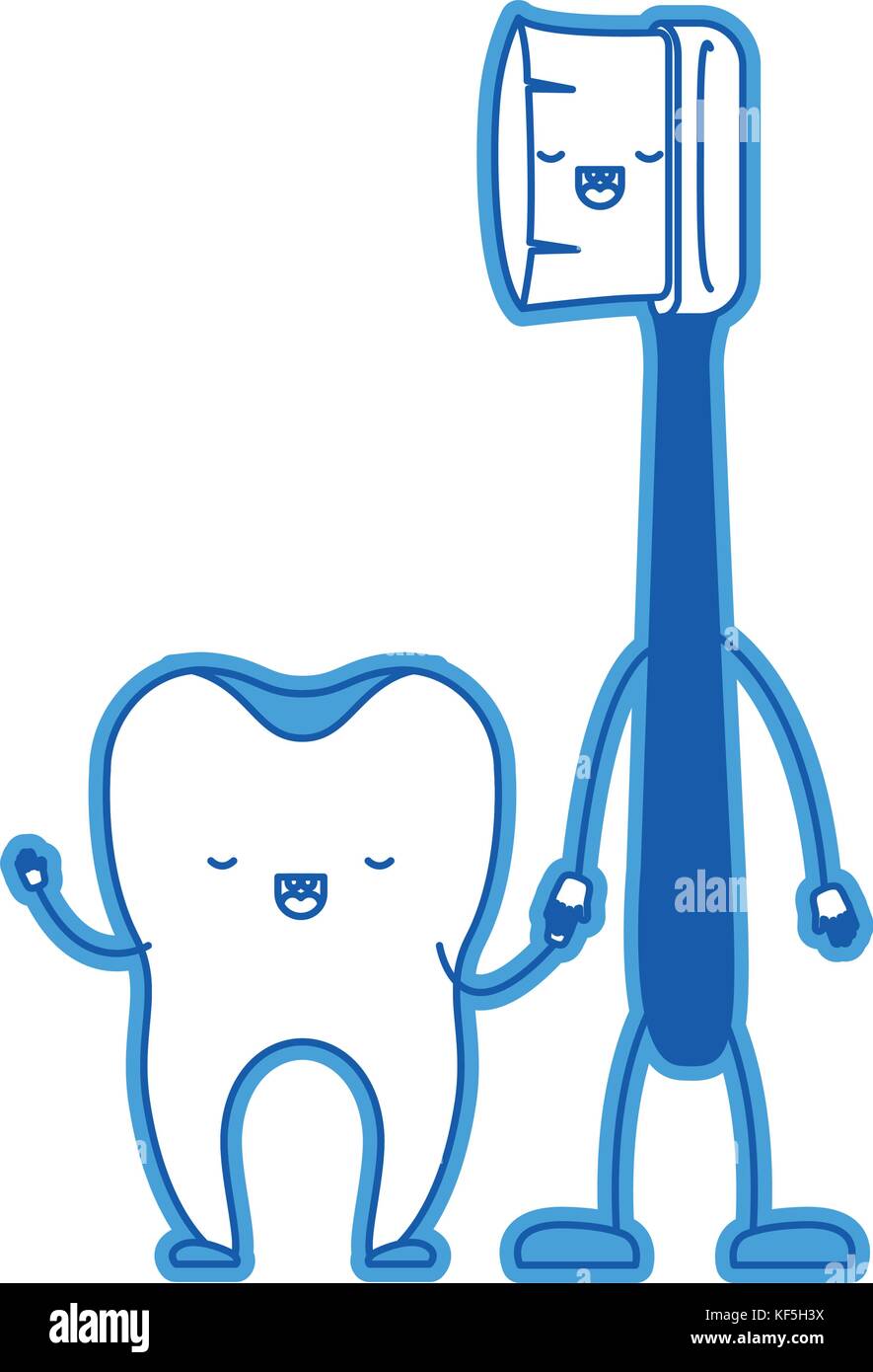 tooth and toothbrush in cartoon holding hands in blue silhouette Stock ...