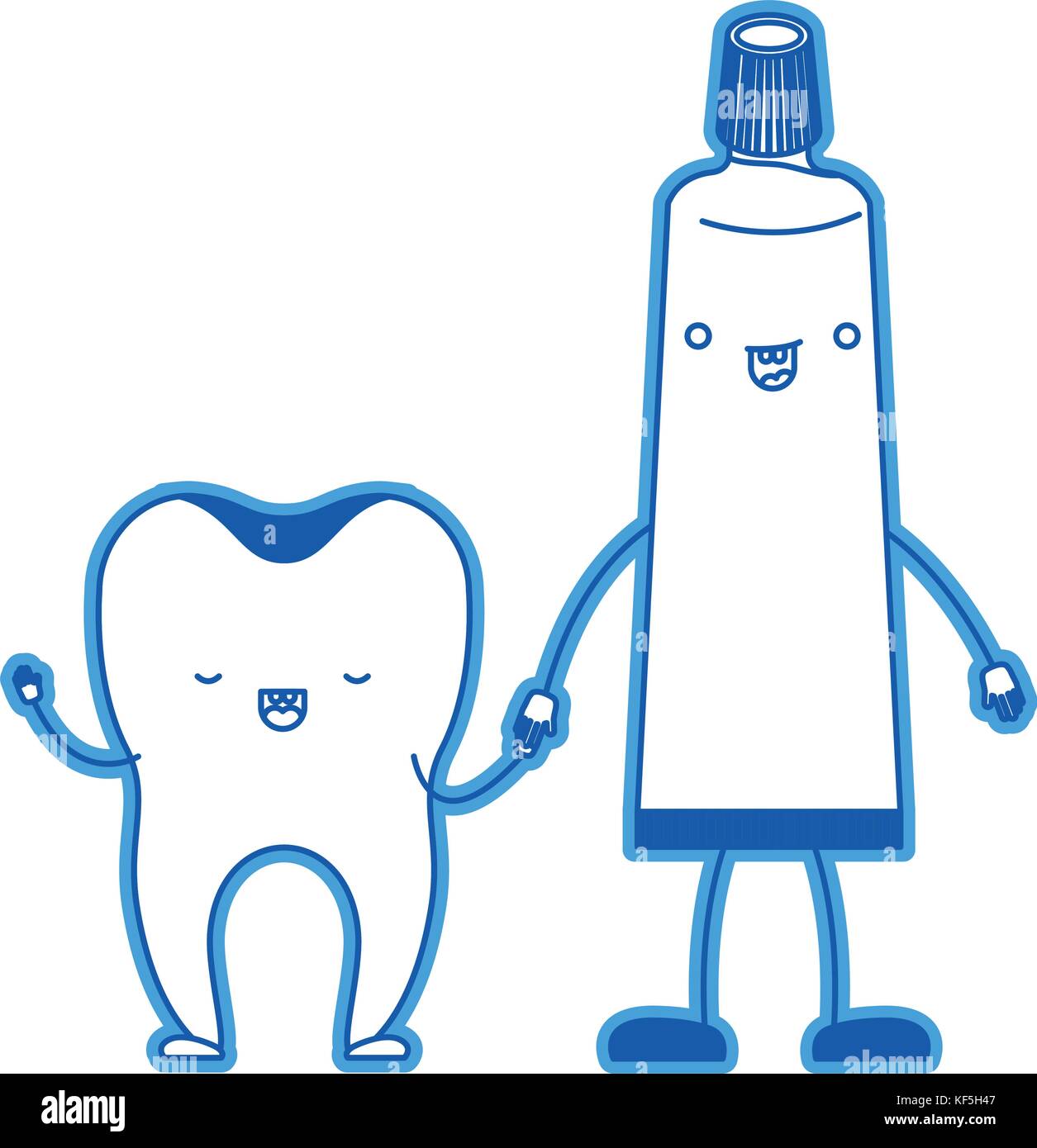 tooth and toothpaste in cartoon holding hands in blue silhouette Stock ...