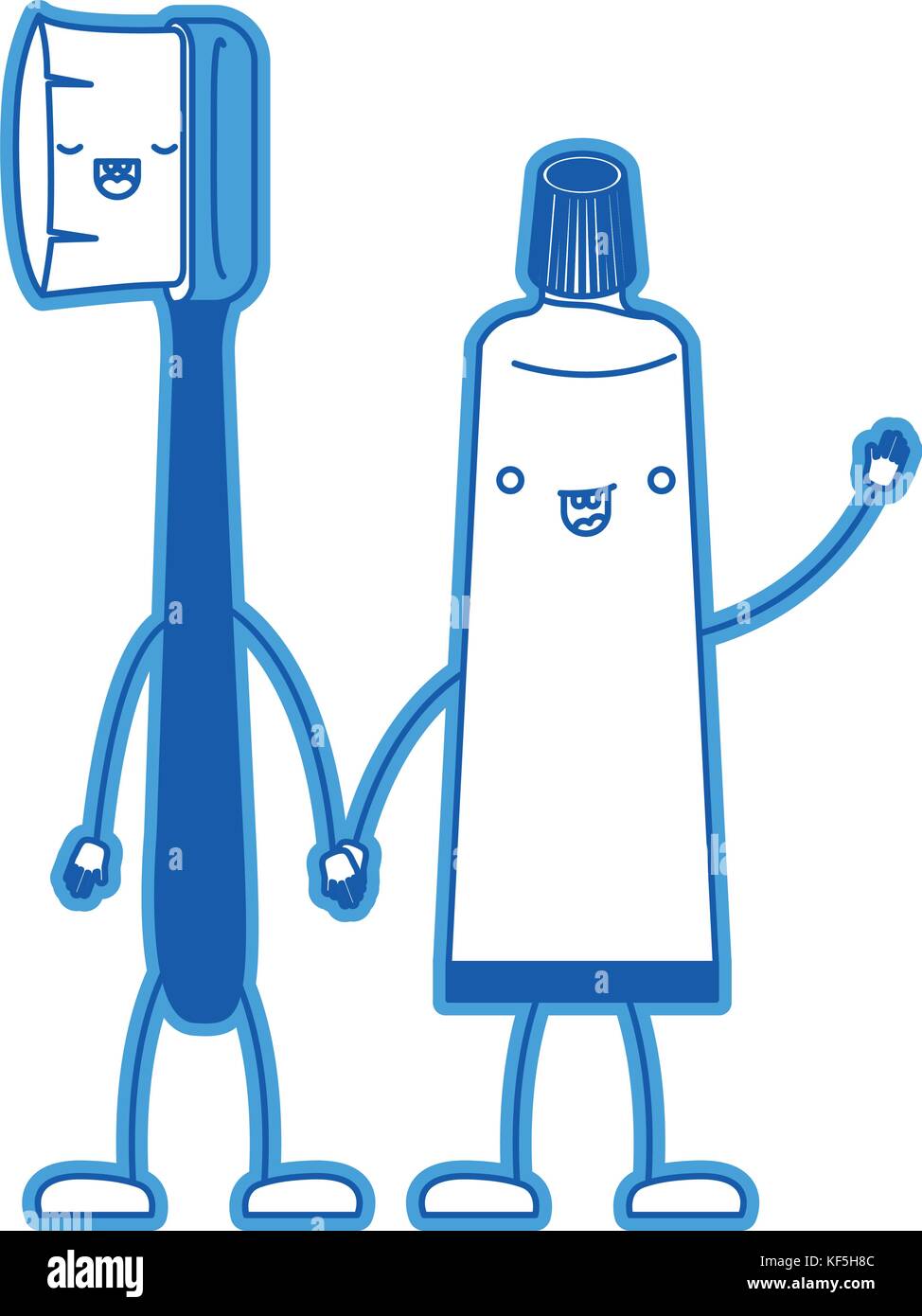 toothbrush and toothpaste in cartoon holding hands in blue silhouette ...