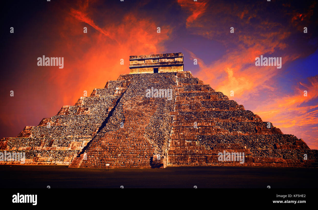 Chichen Itza pyramid El Templo Kukulcan temple Mexico Yucatan photo-illustration Stock Photo