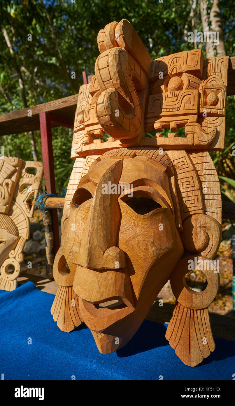 Chichen itza Mayan handcrafted wooden masks in Yucatan Mexico Stock Photo