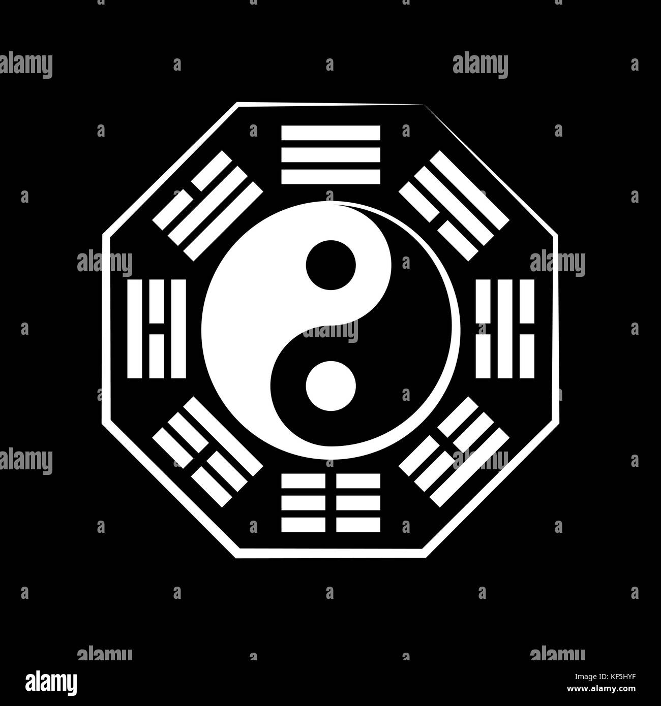 Yin-Yang and Ba-gua. Chinese Cosmic Symbol of the duality and the unity of opposites, surrounded by hieroglyphs of the eight elements of Nature. Stock Vector