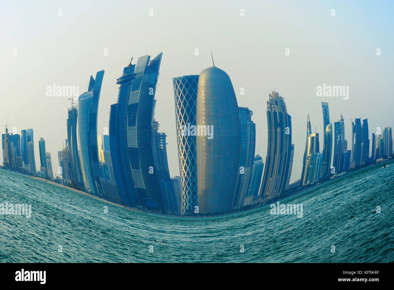 Doha's skyline in a fish-eye effect. Stock Photo