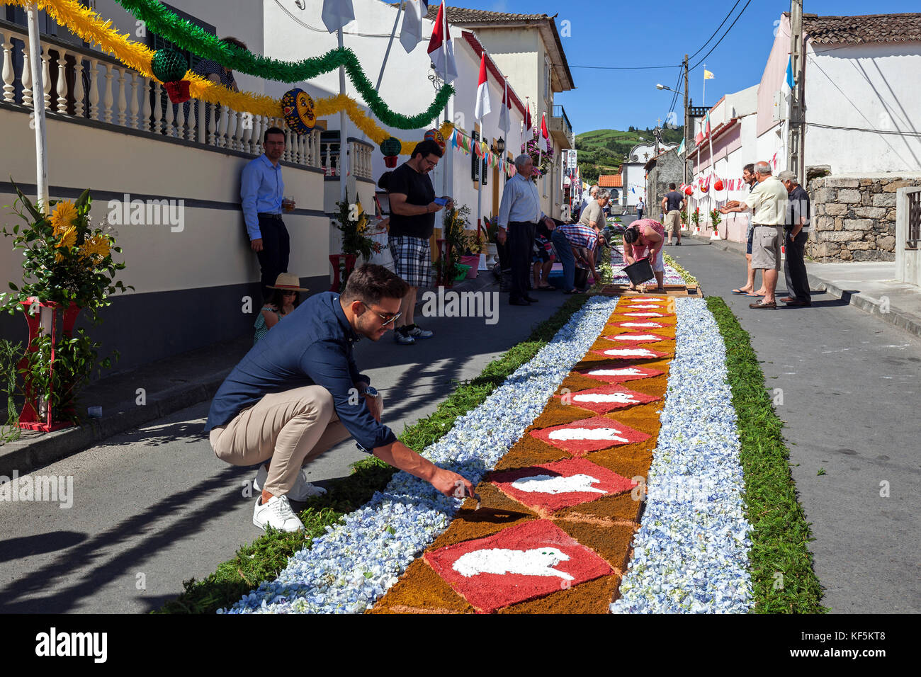 Flower carpet, preparation for the procession to the Santo Christo Fest, Ginetes, Island of Sao Miguel, Azores, Portugal Stock Photo