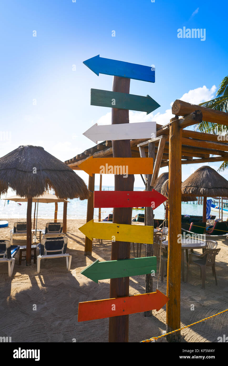 Mahahual Caribbean beach signs in Costa Maya of Mayan Mexico Stock