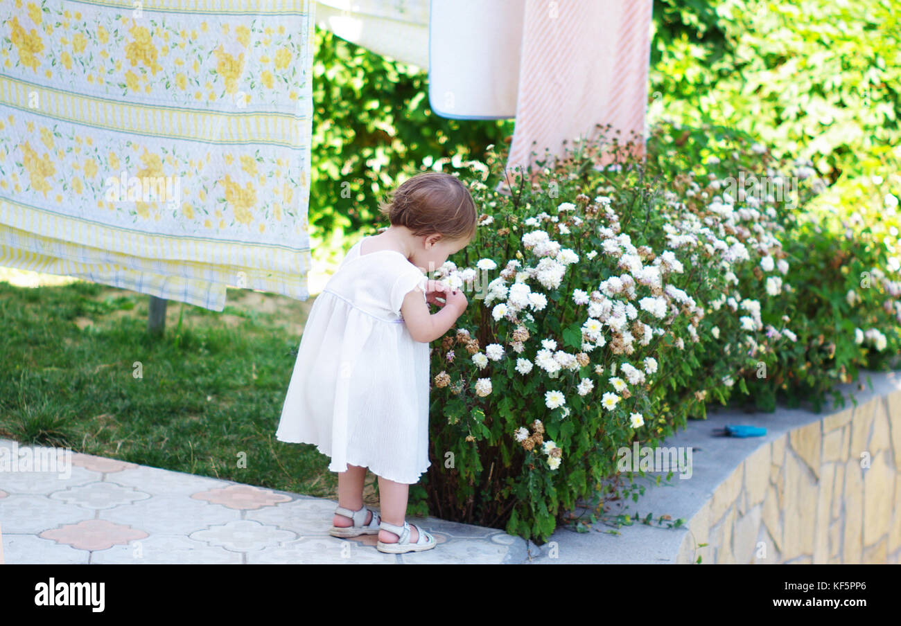 A little girl who smells the flowers in the garden. Summer time. Stock Photo