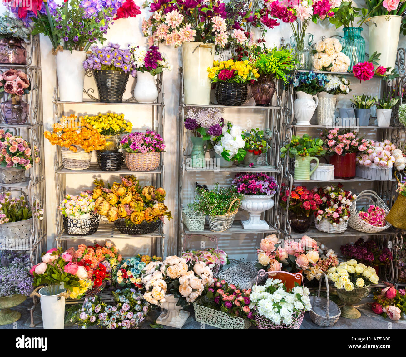 Flower shop, bouquets on shelf, florist business Stock Photo Alamy