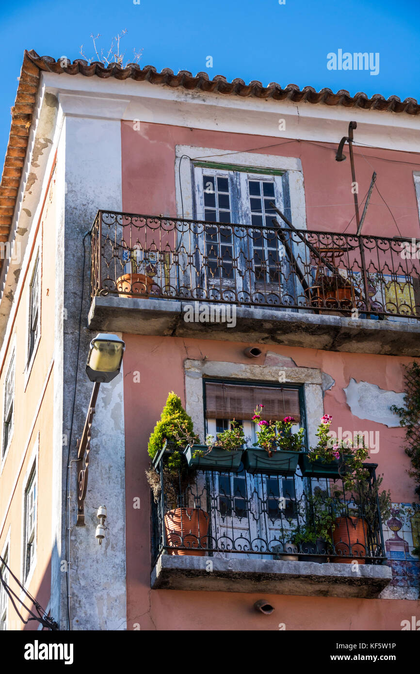Lisbon Portugal,Belem,Rua Da Praia do Bom Sucesso,residential apartment building,apartments,flats,balcony,ornamental railing,flower flowers boxes,Hisp Stock Photo