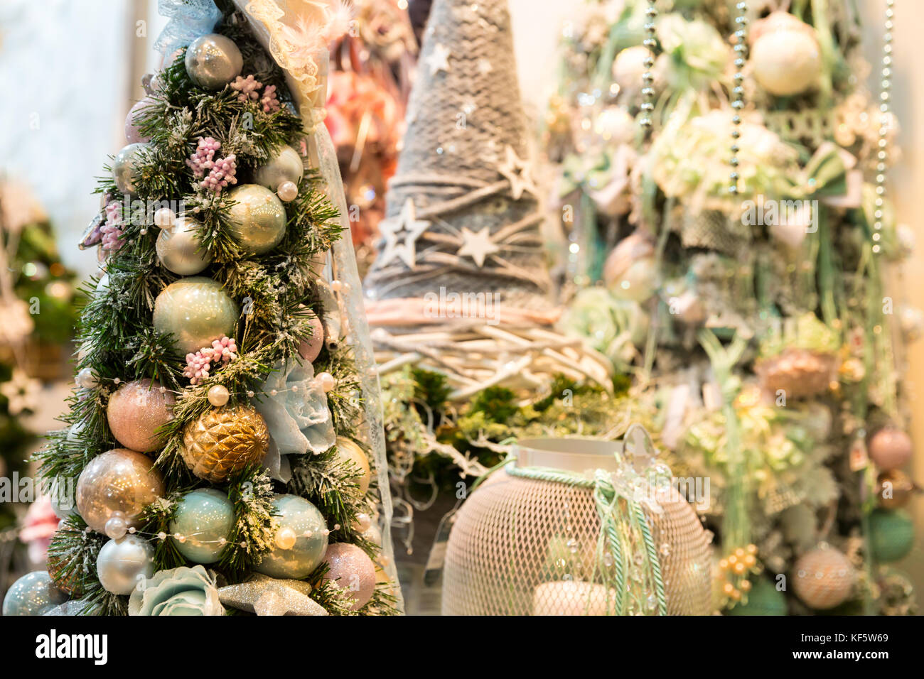 Christmas tree decorated with blue and gold balls Stock Photo - Alamy