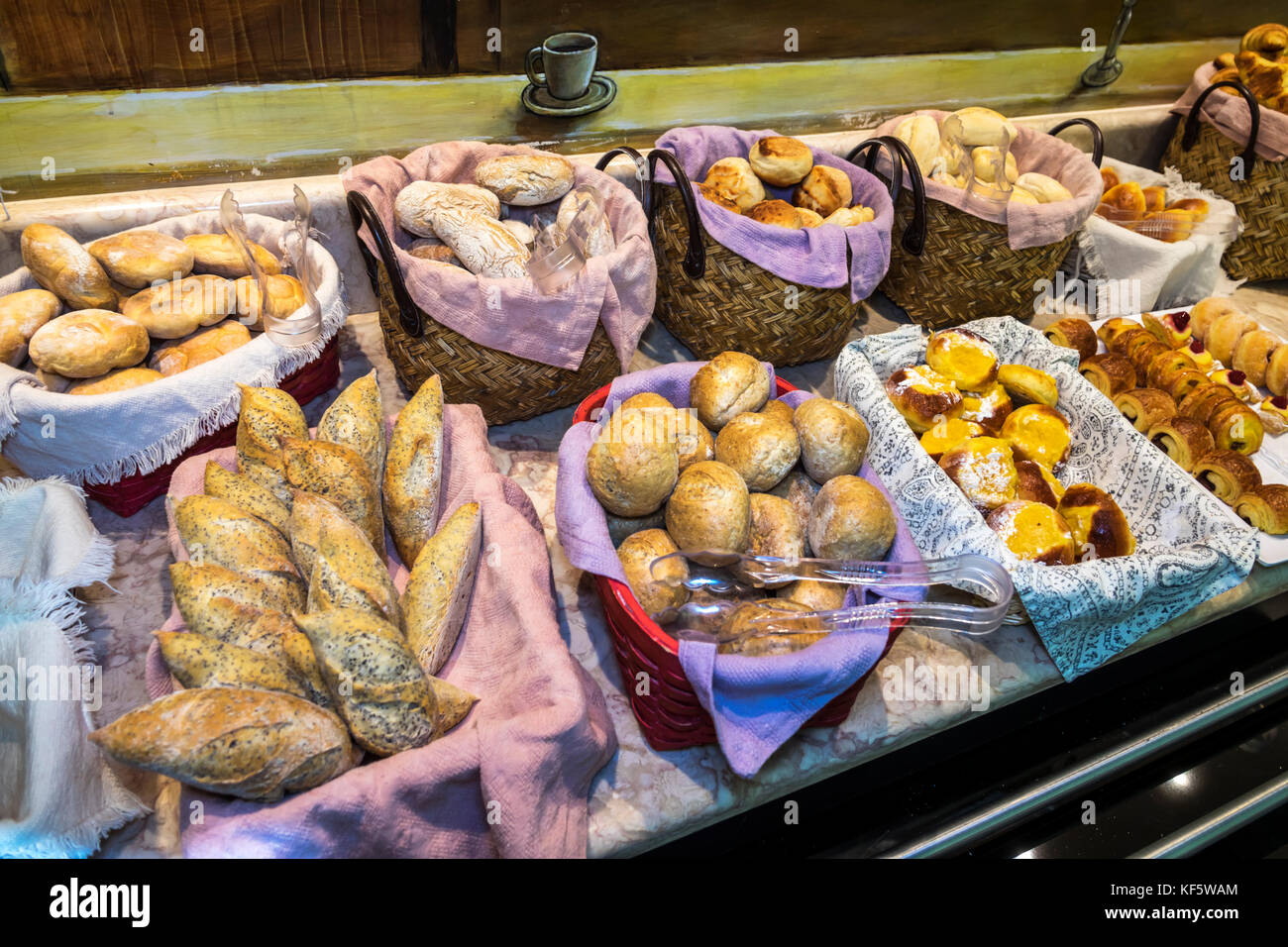 Lisbon Portugal,Rua Alexandre Herculano,Holiday Inn Express,Liberdade,hotel,dining room,free included breakfast,buffet,bread,basket,self-service,insid Stock Photo