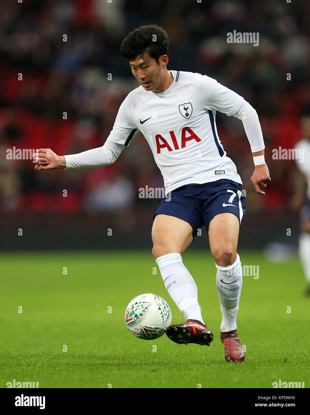 Tottenham Hotspur's Son Heung-Min during the Carabao Cup, Fourth Round match at Wembley, London. PRESS ASSOCIATION Photo. Picture date: Wednesday October 25, 2017. See PA story SOCCER Tottenham. Photo credit should read: Steven Paston/PA Wire. RESTRICTIONS: No use with unauthorised audio, video, data, fixture lists, club/league logos or 'live' services. Online in-match use limited to 75 images, no video emulation. No use in betting, games or single club/league/player publications. Stock Photo