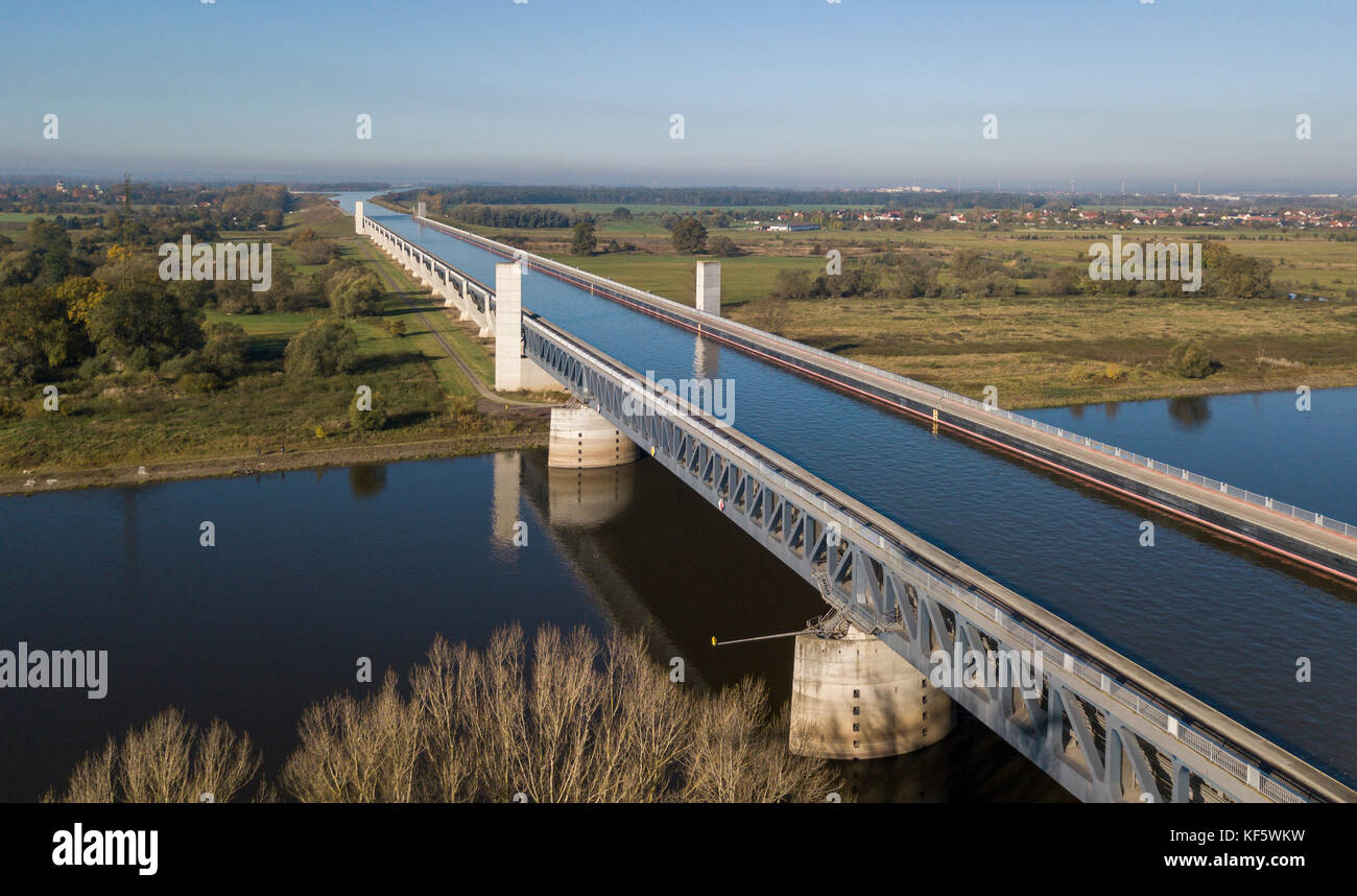 Aerial view of Magdeburg Water Bridge, largest navigable aqueduct in