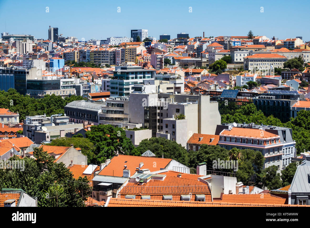 Lisbon Portugal,Bairro Alto,historic district,Principe Real,scenic viewpoint,overlook,city skyline,rooftops,buildings,Baixa Pombalina,Hispanic,immigra Stock Photo