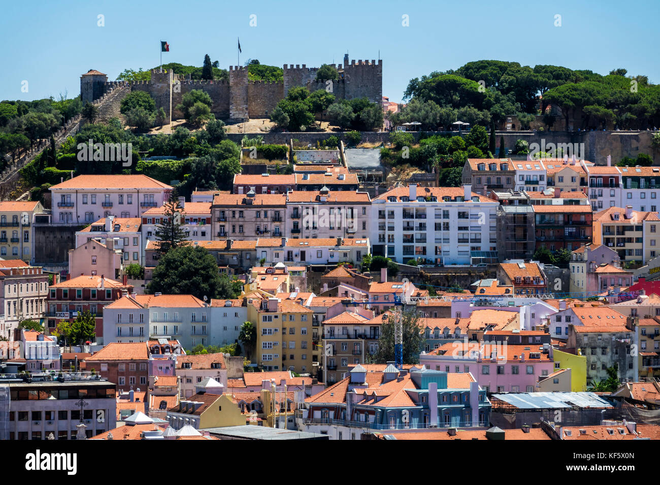 Lisbon Portugal,Bairro Alto,historic district,Miradouro de Sao Pedro de Alcantara,scenic viewpoint,city skyline,rooftops,residential apartment buildin Stock Photo