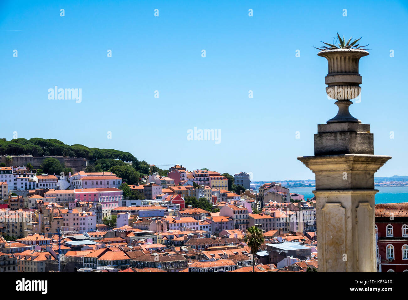 Lisbon Portugal,Bairro Alto,historic district,Miradouro de Sao Pedro de Alcantara,scenic viewpoint,city skyline,rooftops,residential apartment buildin Stock Photo