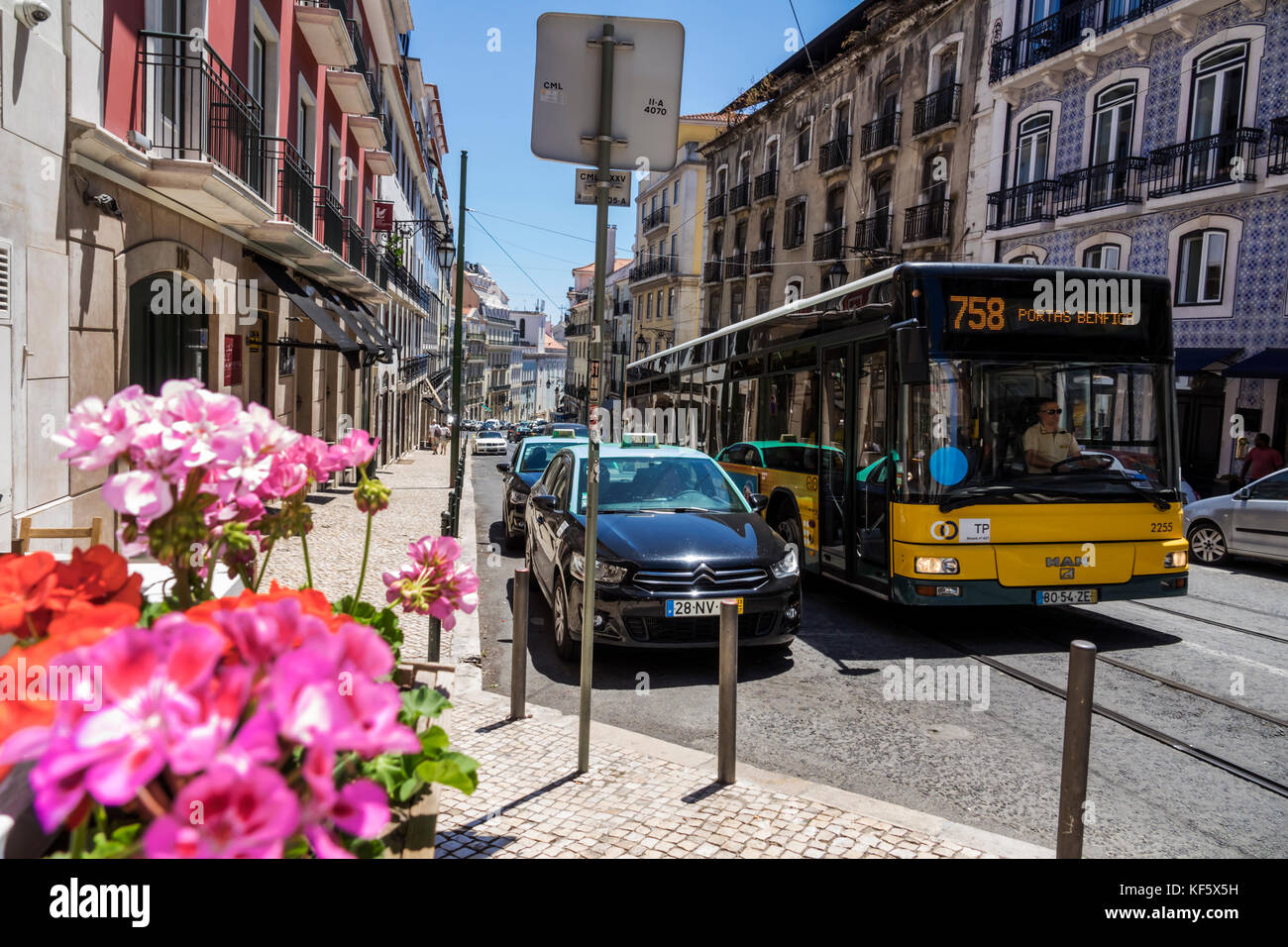 Lisbon Portugal,Bairro Alto,Rua da Misericordia,street scene,flowers,geraniums,taxi stand,bus,city skyline,residential apartment buildings,Hispanic,im Stock Photo