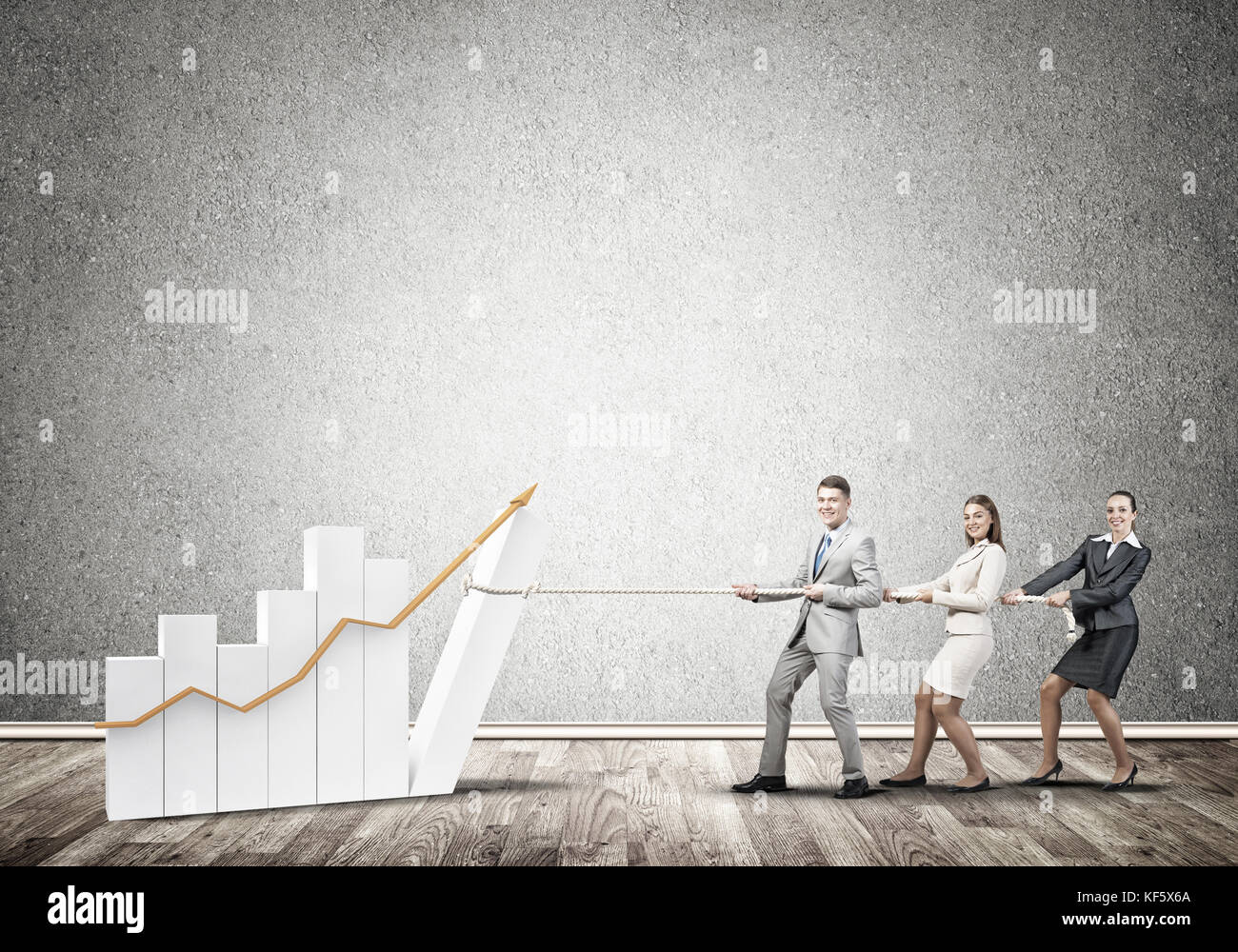 Businessteam working in collaboration pulling graph with rope as symbol ...