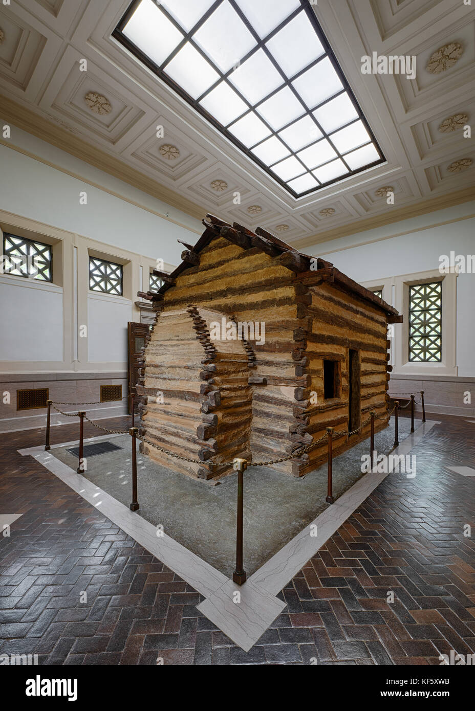 Log cabin inside the first Lincoln Memorial building at Abraham Lincoln Birthplace National Historical Park in Hodgenville, KY Stock Photo