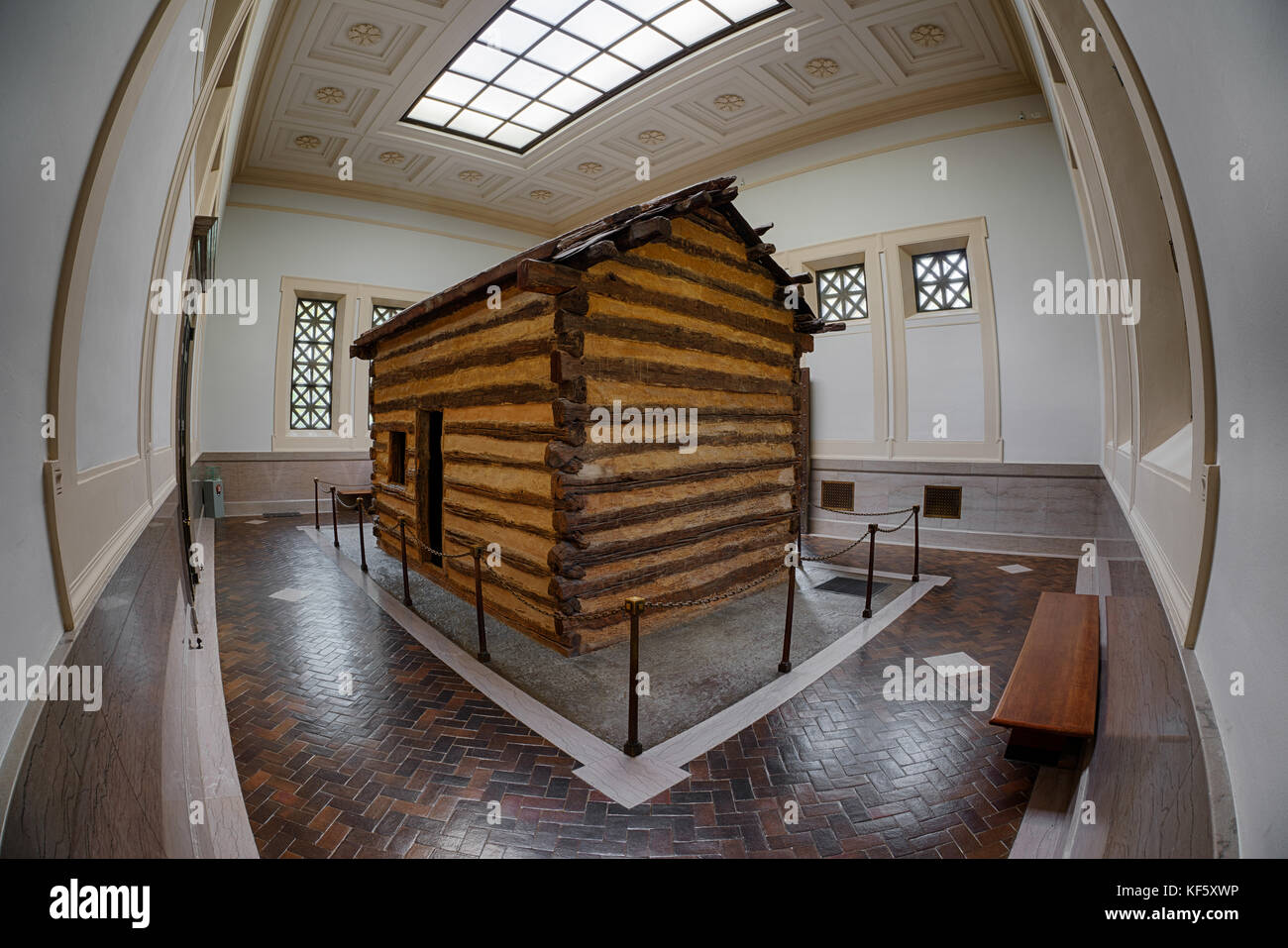 Log cabin inside the first Lincoln Memorial building at Abraham Lincoln Birthplace National Historical Park in Hodgenville, KY Stock Photo