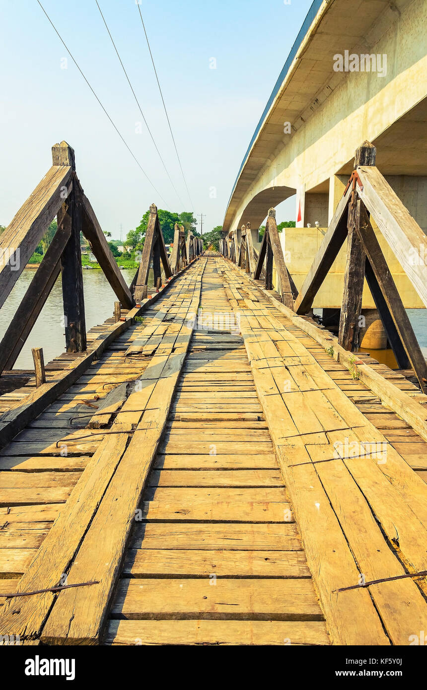 Mato Grosso do Sul, Brazil - September 15, 2017: Old wooden bridge above Rio Miranda river preserved as a municipal patrimony in Passo do Lontra regio Stock Photo