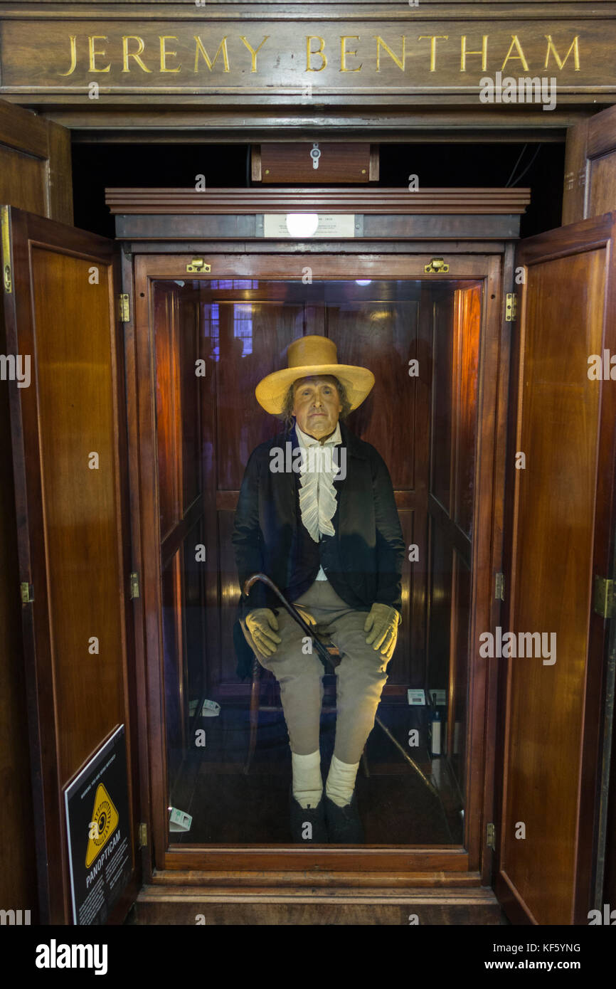 Jeremy Bentham's Auto-Icon (mummified dead body) on display at University College London, UK Stock Photo