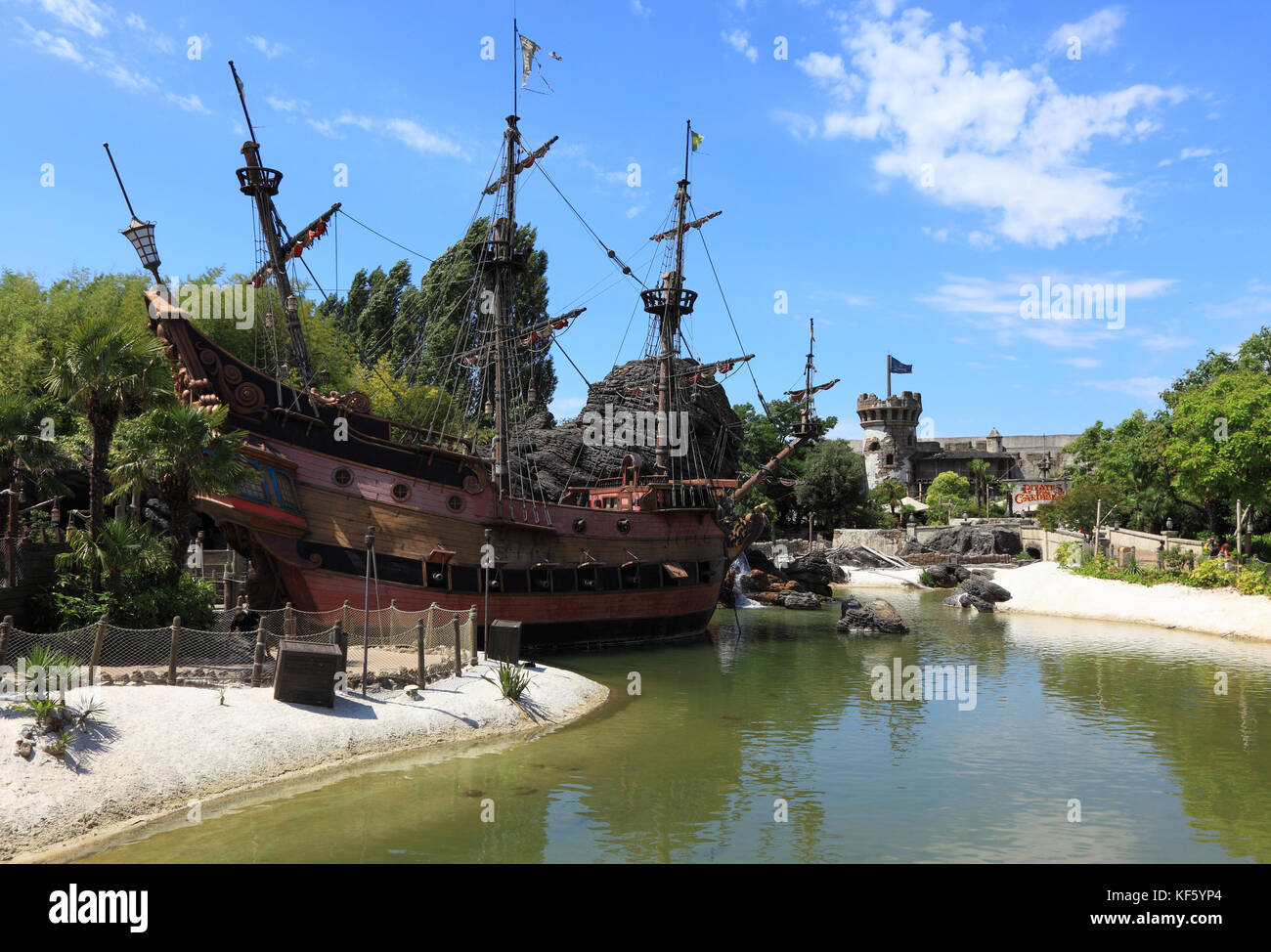 Paris,France,July 11th 2010: Image of the ship of pirates located near the beach of pirates in Adventureland in Disneyland Paris.In the distance you c Stock Photo