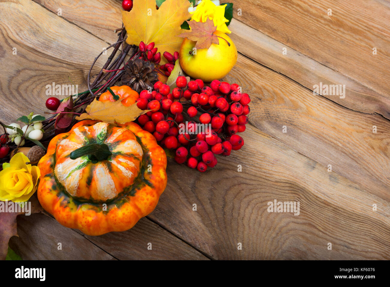 Thanksgiving background with pumpkin, red rowan berries, maple leaves ...