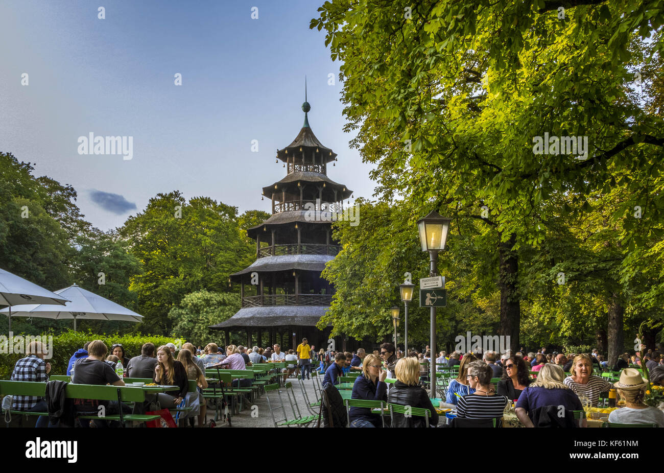 Beer garden at the Chinese Tower in Munich Stock Photo