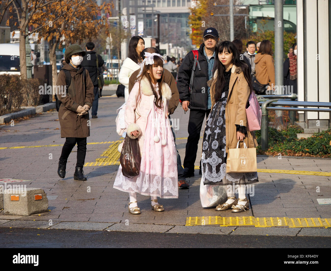 2 Young Japanese Female in Lolita Fashion at street junction in Sapporo, Hokkaido, Japan Stock Photo